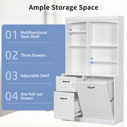 Bathroom Storage Cabinet With Tilt-Out Hamper, 70.9'' Tall Free Standing Organizer With Drawers & Adjustable Shelves, MDF Linen Tower With Steel Handles, White Finish