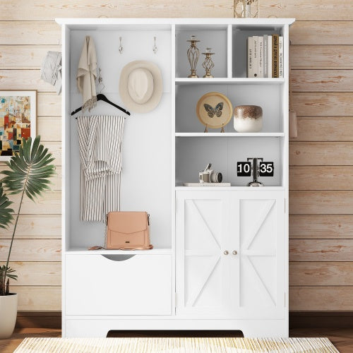 Multi-functional Hall Tree With Storage Shelves Drawers And Cabinet, Elegant Hallway Shoe Cabinet With Bench, Modern Coat Rack With Hooks For Hallway Entryways