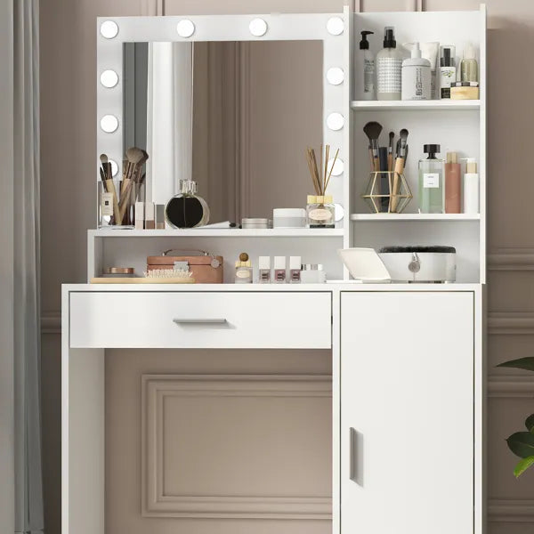 Vanity Desk With Mirror & Light, Large Drawer Three Level Storage Dresser, 3 Lighting Modes Adjustable Brightness, Bedroom Dressing Table(white)