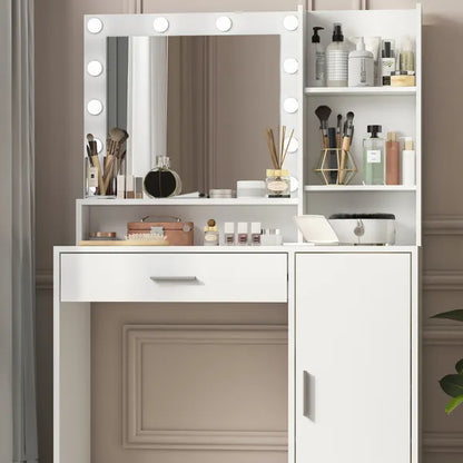Vanity Desk With Mirror & Light, Large Drawer Three Level Storage Dresser, 3 Lighting Modes Adjustable Brightness, Bedroom Dressing Table(white)