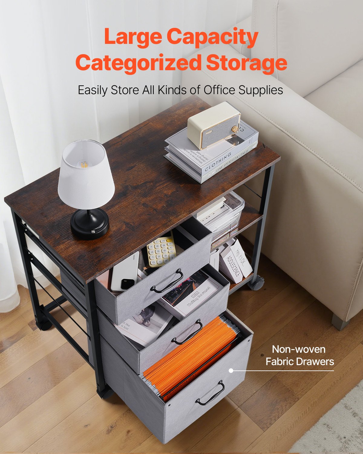 Mobile Metal File Cabinet With 3 Fabric Drawers And 2 Open Shelves Brown