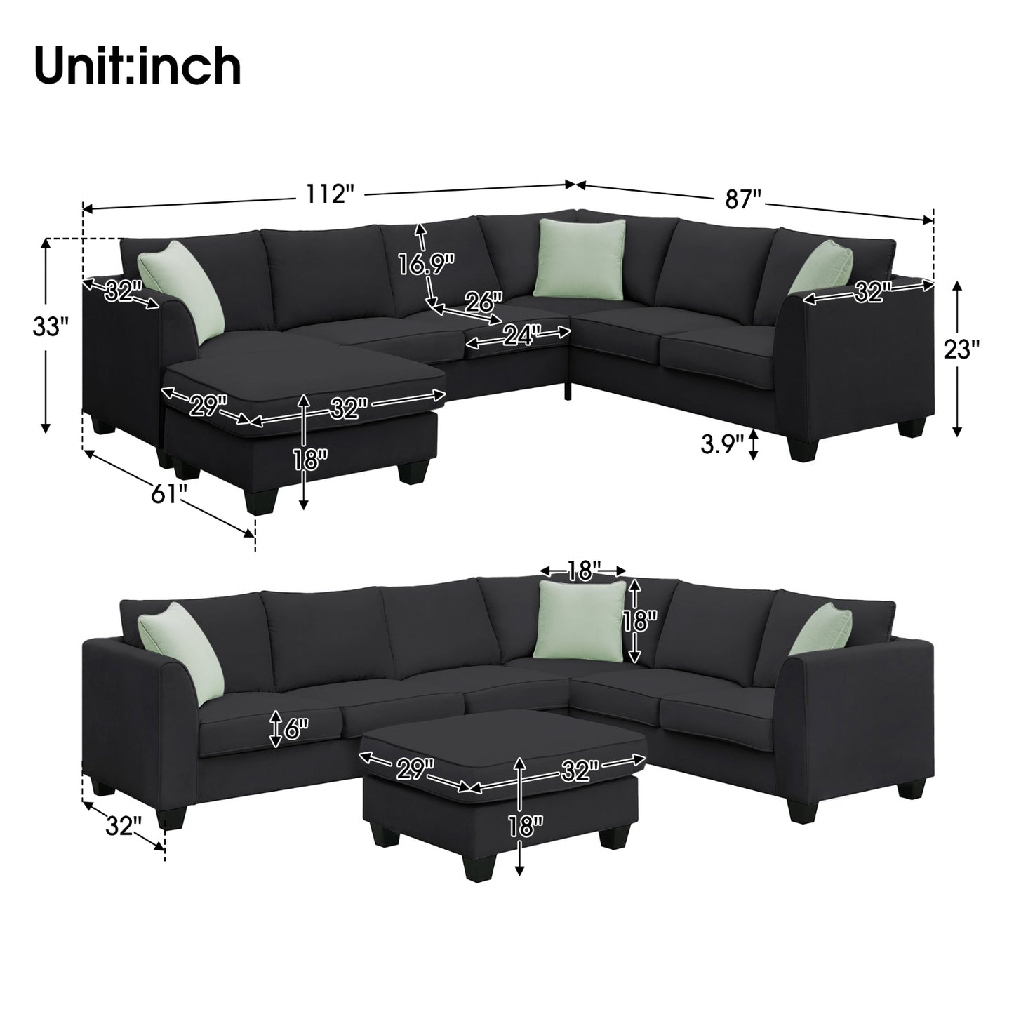 112 87 Sectional Sofa Couches, 7 Seats Modular Living Room Sets