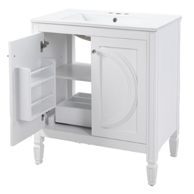 30 No Assembly Needed Vintage White Bathroom Vanity With Ceramic Sink,Two Soft Close Doors  Adjustable Shelf,Modern Farmhouse Style