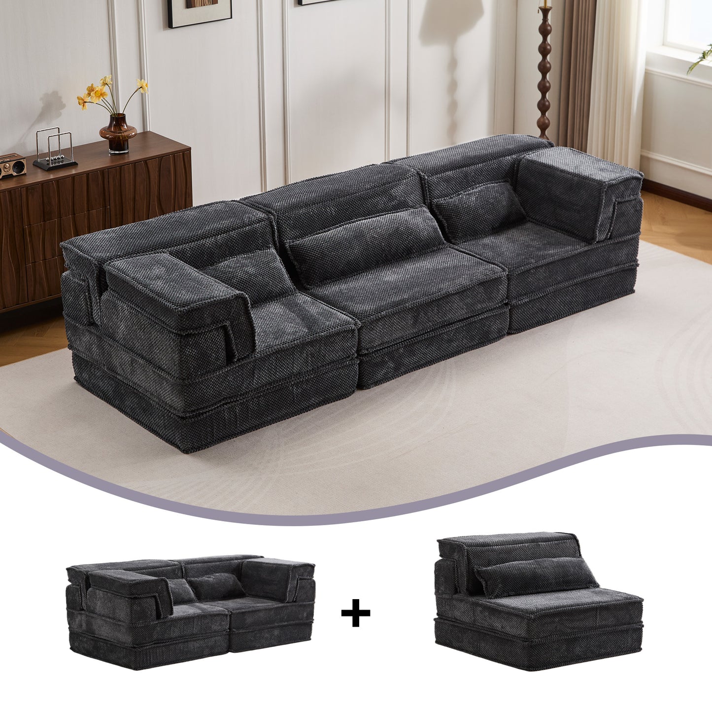 Compression Mahjong Sofa,Convertible Floor Sofa Bed,DIY Boneless Modular Sectional Sofa,No Assembly Required,Circle Fleece Fabric,Oversized 3 Seater With 3 Pillows,Dark-Grey