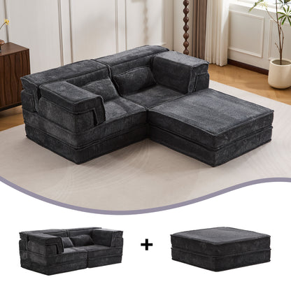 Compression Mahjong Sofa,Convertible Floor Sofa Bed,DIY Boneless Modular Sectional Sofa,No Assembly Required,Circle Fleece Fabric,Oversized 2 Seater With 1 Ottoman,Dark-grey