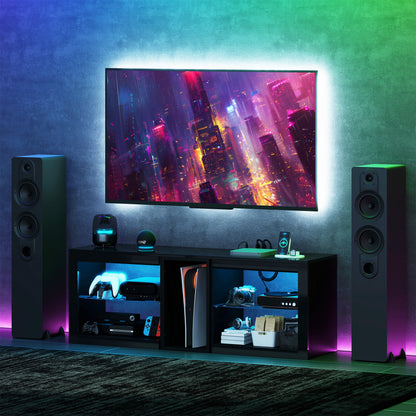 TV Stand Center for 55" with LED Lights and Power Outlets TV Television Cabinet with Adjustable Shelves High Gloss