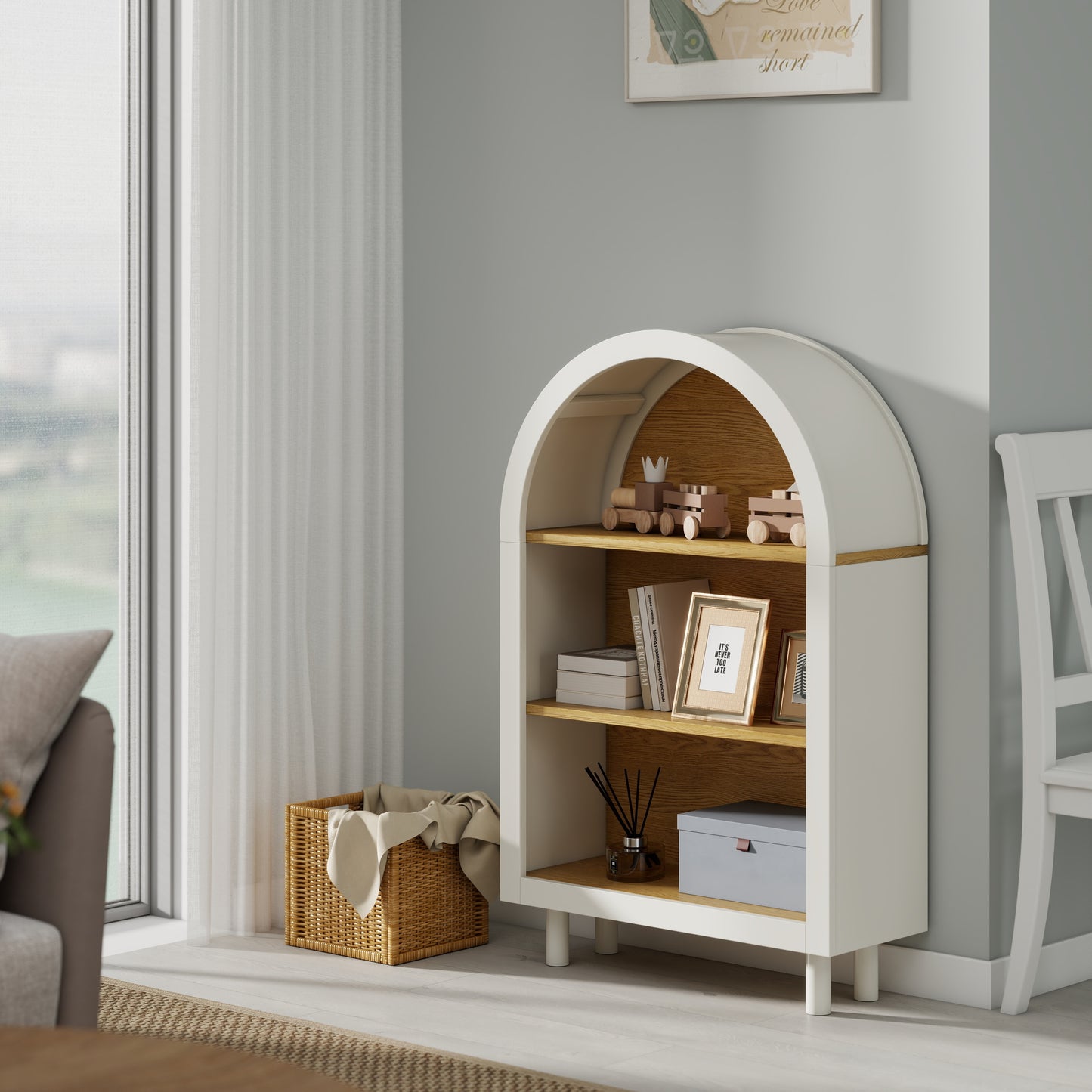 Arched Small Bookcase,Arched Storage Cabinet,Wooden Modern Arched Top Bookshelf With 3 Shelves,White With Woodgrain Shelves, 3-Tier Storage Shelf For Living Room, Bedroom, Entryway