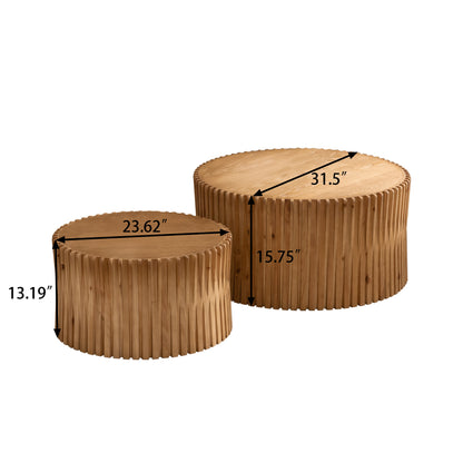 Vintage Fashion Style Cylindrical Nesting Coffee Table Set With Vertical Textured Embossed Design For Living Room, Office And Dining Room, Natural Set Of 2
