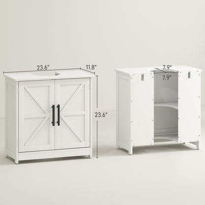 Farmhouse Pedestal Sink Storage Cabinet, Bathroom Sink Cabinet with 2 Barn Doors and Adjustable Shelf, White
