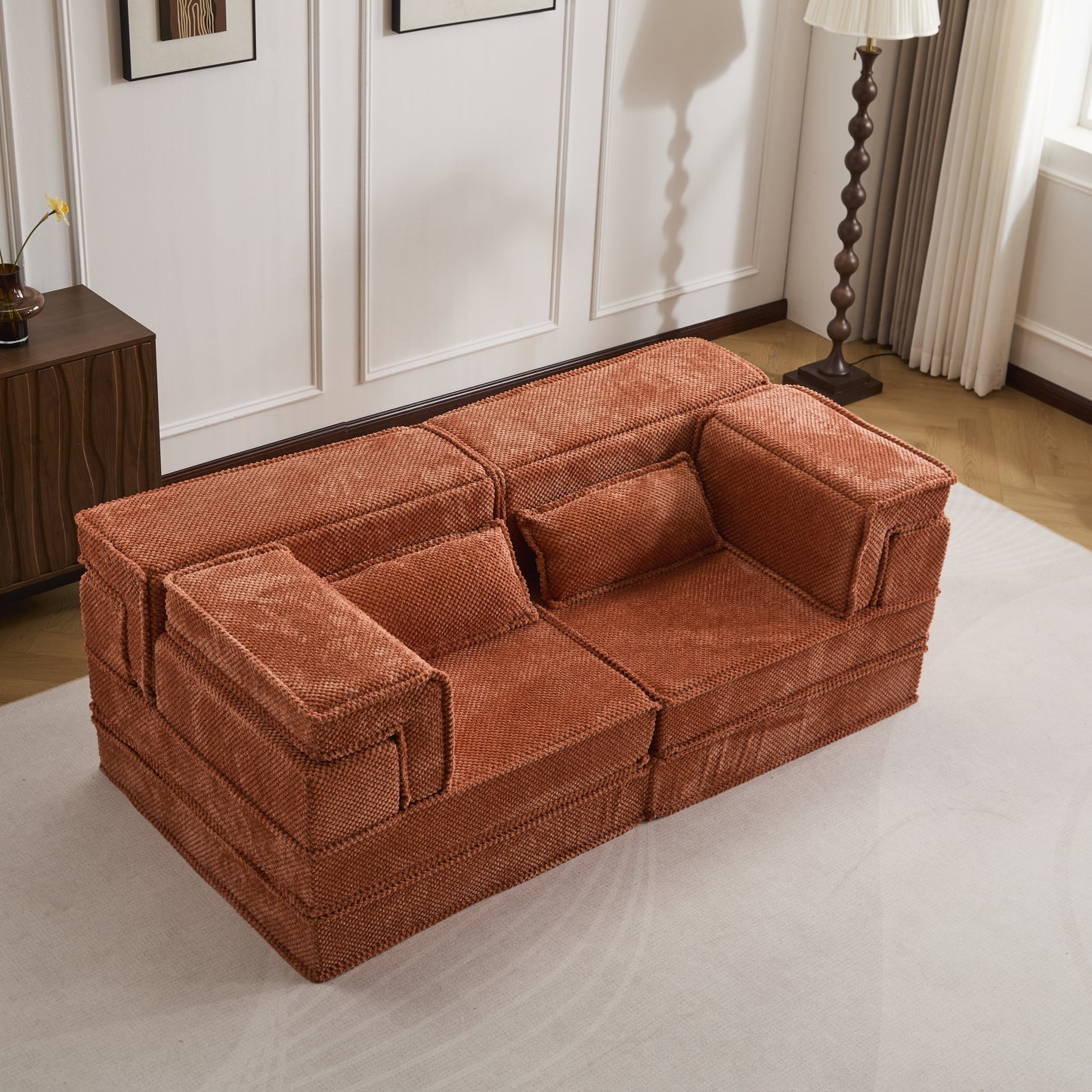 Compression Mahjong Sofa,Convertible Floor Sofa Bed,DIY Boneless Modular Sectional Sofa,No Assembly Required,Circle Fleece Fabric,Modern Oversized Loveseat,Orange