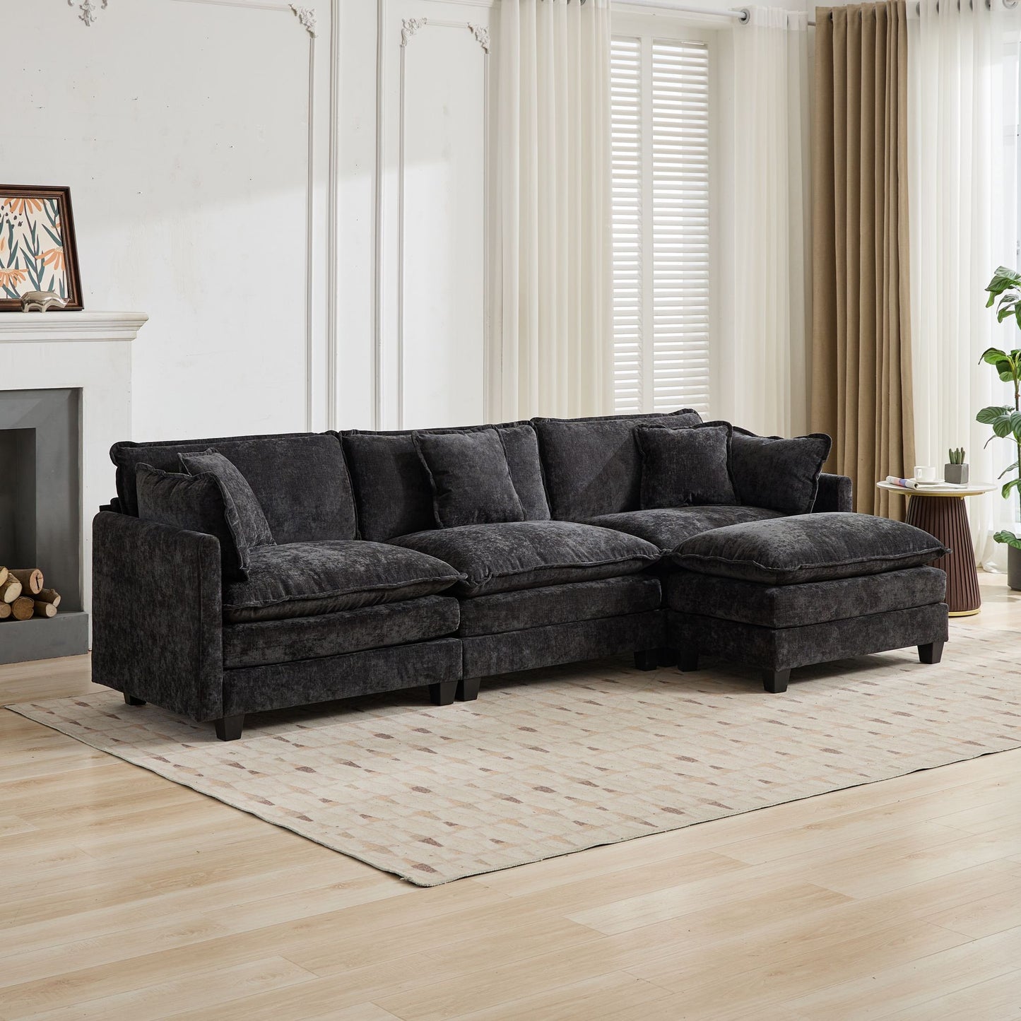 Cloud Sofa Two Seats The Cushion On The Armrest Not Included, Modern Sectional Couch, For Apartment, Comfy Double Layer Upholstered Seat Cushion, Breathable Chenille Fabric, Black,SW504ABK