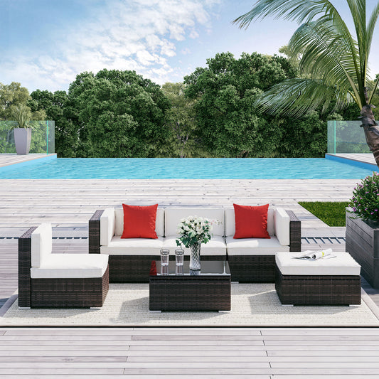 6 Piece Patio Furniture Set Outdoor Conversation Set All Weather PE Sectional Sofa Set with Ottoman