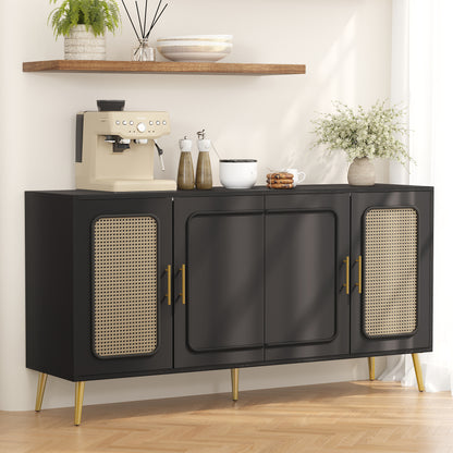 59.84 Vintage Four-Door Cabinet, Plastic Rattan, Suitable For Living Room, Dining Room, Bedroom Black