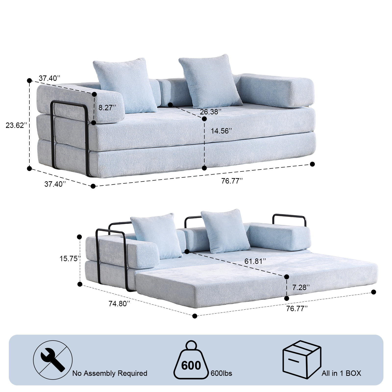 Blue Chenille Convertible Sofa