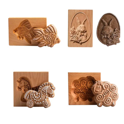 Wooden mold set of fish rabbit with roses horse and sheep gingerbread cake wooden decorbites gingerbread cake tool