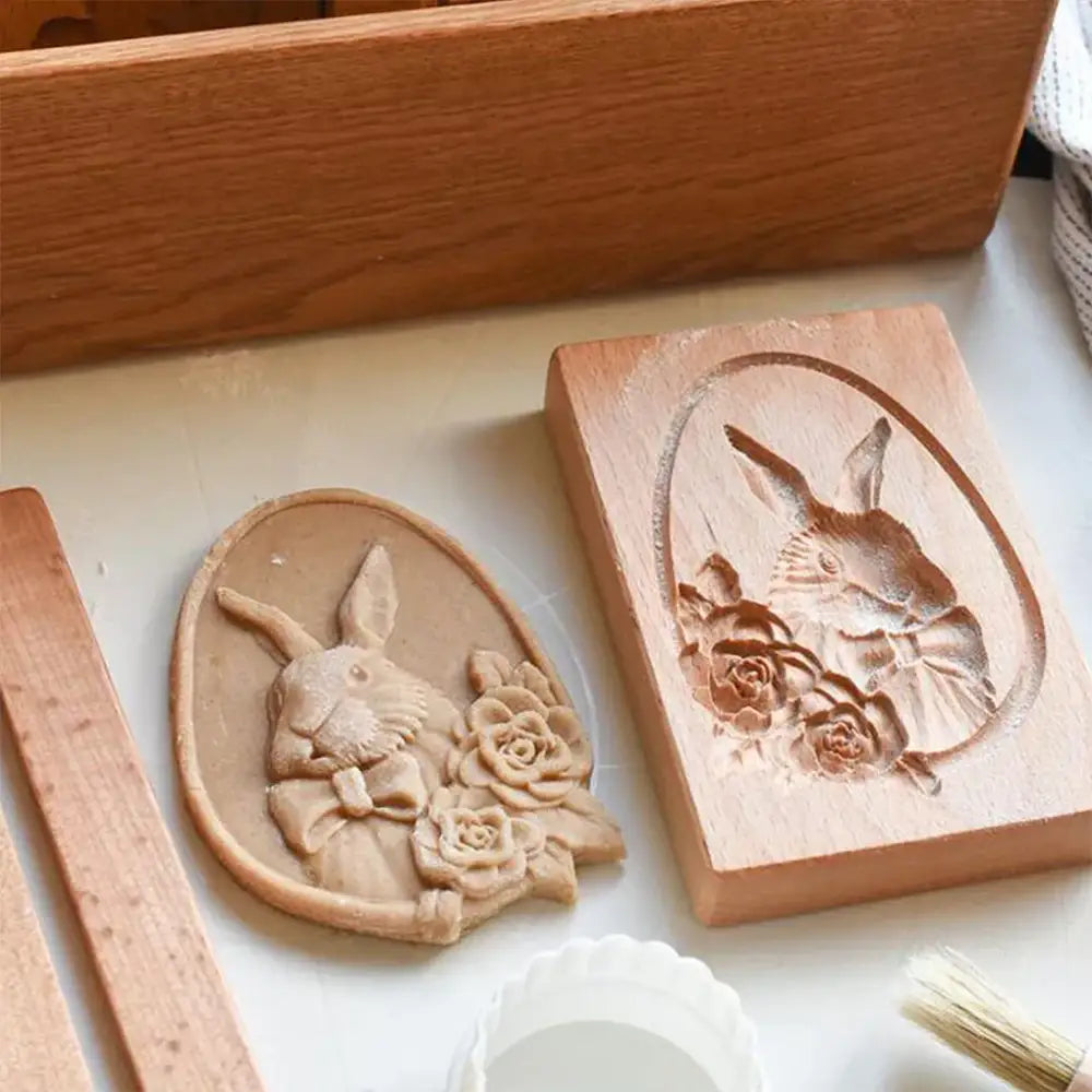 Wooden easter bunny floral mold with detailed carvings for gingerbread cake gingerbread cake wooden decorbites tool