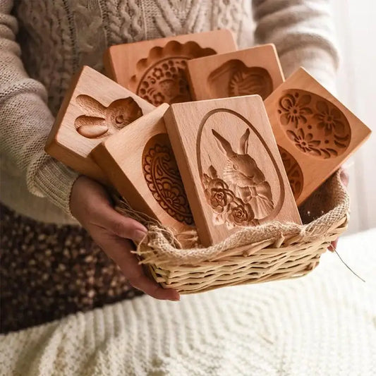 Set of wooden mold cookie tools featuring carved bunny and floral designs for gingerbread cake decorbites wooden mold