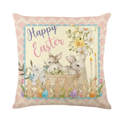 Pastel pink and cream bunny rabbit linen cushion cover with embroidered easter bunny rabbit and floral rustic design