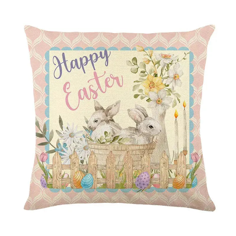 Pastel pink and cream easter bunny rabbit linen cushion cover with embroidered bunnies eggs flowers for living room