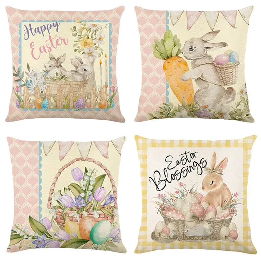 Pastel-colored easter bunny rabbit linen cushion cover with floral baskets, bunnies, carrots, and eggs in soft pink tones