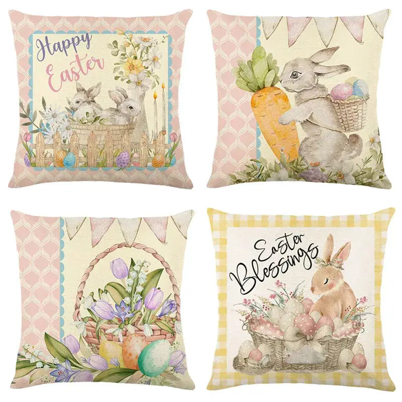 Pastel-colored easter bunny rabbit linen cushion cover with floral baskets, bunnies, carrots, and eggs in soft pink tones