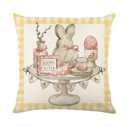 Easter bunny rabbit linen cushion cover with beige bunny pink polka dot egg and happy easter banner on gingham border