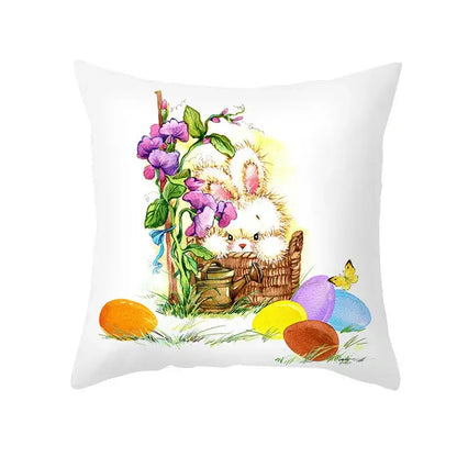 White cushion easter rabbit and eggs pillowcase featuring two fluffy bunnies in a basket with flowers for home decor