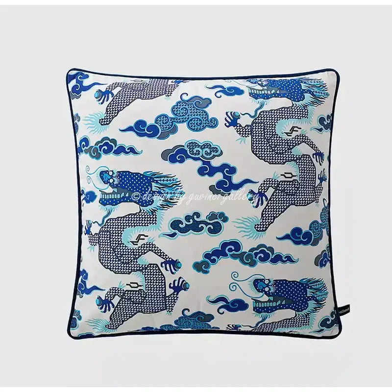 Square velvet pillow cover featuring intricate indigo blue dragons and clouds on white with navy trim for decorbites indigo blue decor