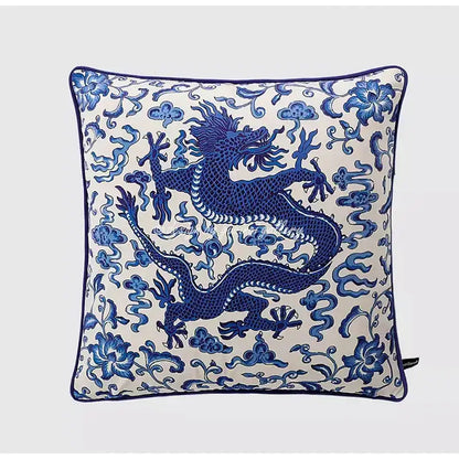 Square velvet pillow cover with indigo blue embroidered dragon and floral motifs on off-white for living room decorbites indigo blue