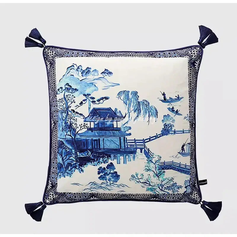 Square pillow cover with traditional blue and white porcelain landscape, lace trim, dark tassels, indigo blue decorbites style