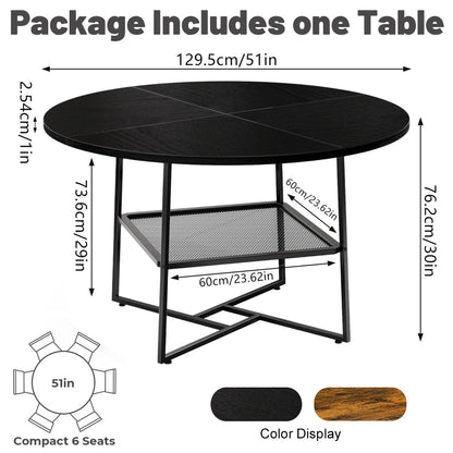 51'' Round Dining Table For 4-6  Tiger Stripes Black Wooden Dining Room Table With Storage Shelf Space Saving Circle Dinner Table With Metal Legs For Kitchen Living Room Dining Restaurant Furniture