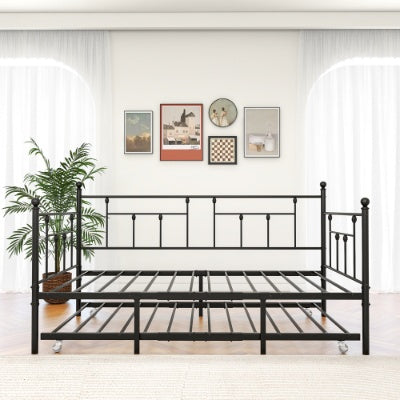 Twin Size Daybed Metal Frame With Trundle Set, Twin Day Bed Sofa, Daybed And Roll Sofa Bed For Guest Room, Bedroom, Living Room, Victorian Style, Black