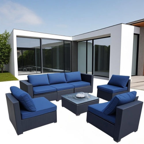 Seven-Piece Sofa Set Table With Sofa Chair Black PE Rattan Outdoor Furniture 7-JH001 Box 3-1-2-3 With Blue Color Cushion