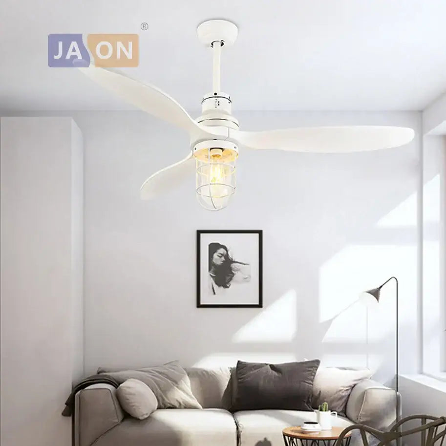 Edison loft white and wood ceiling fan with three blades and vintage style led light for bedroom use