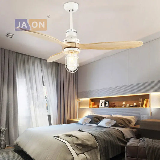 Edison loft white and wood ceiling fan with led light featuring light wood blades and vintage-style cage lamp for bedroom