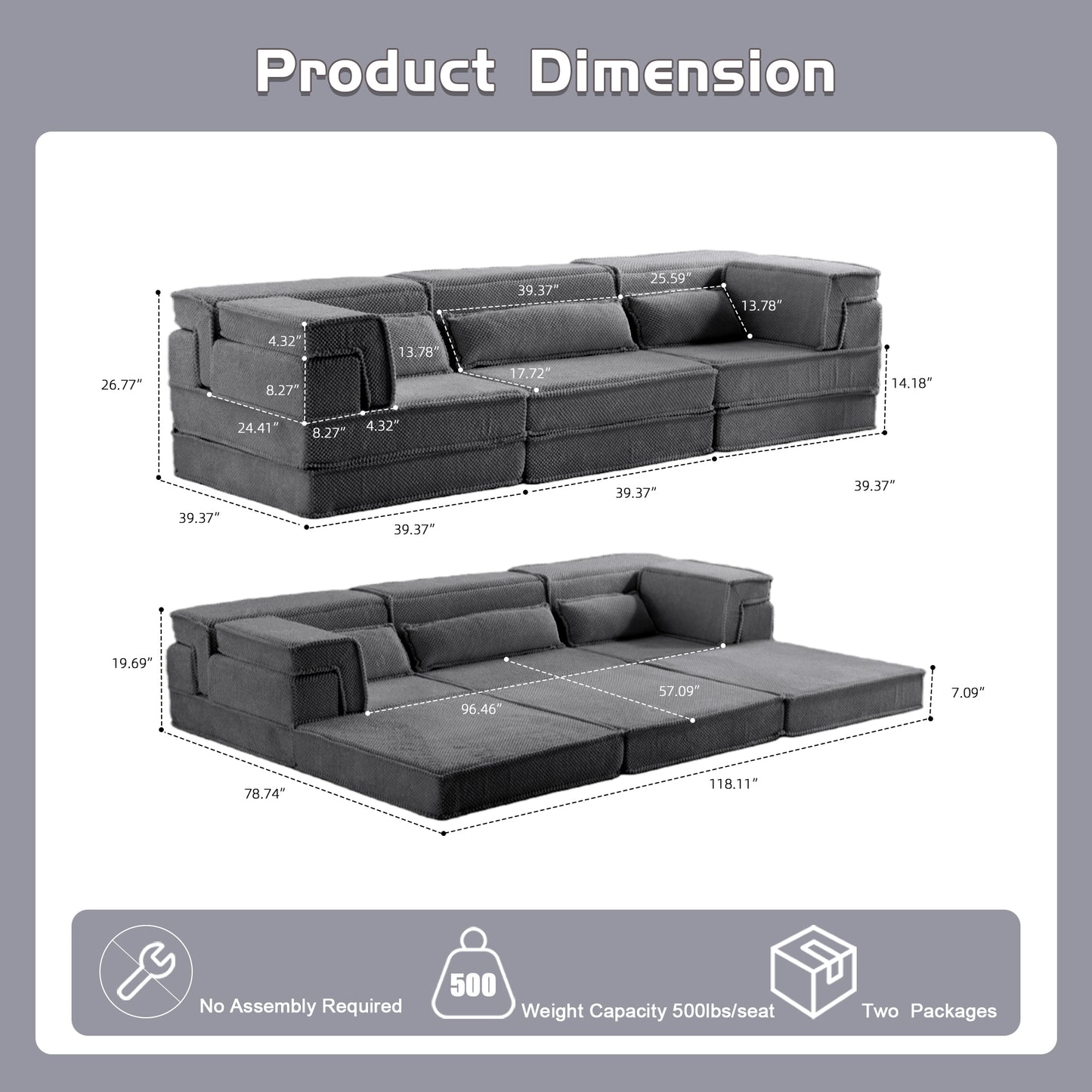 Compression Mahjong Sofa,Convertible Floor Sofa Bed,DIY Boneless Modular Sectional Sofa,No Assembly Required,Circle Fleece Fabric,Oversized 3 Seater With 3 Pillows,Dark-Grey