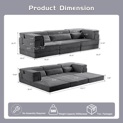 Compression Mahjong Sofa,Convertible Floor Sofa Bed,DIY Boneless Modular Sectional Sofa,No Assembly Required,Circle Fleece Fabric,Oversized 3 Seater With 3 Pillows,Dark-Grey
