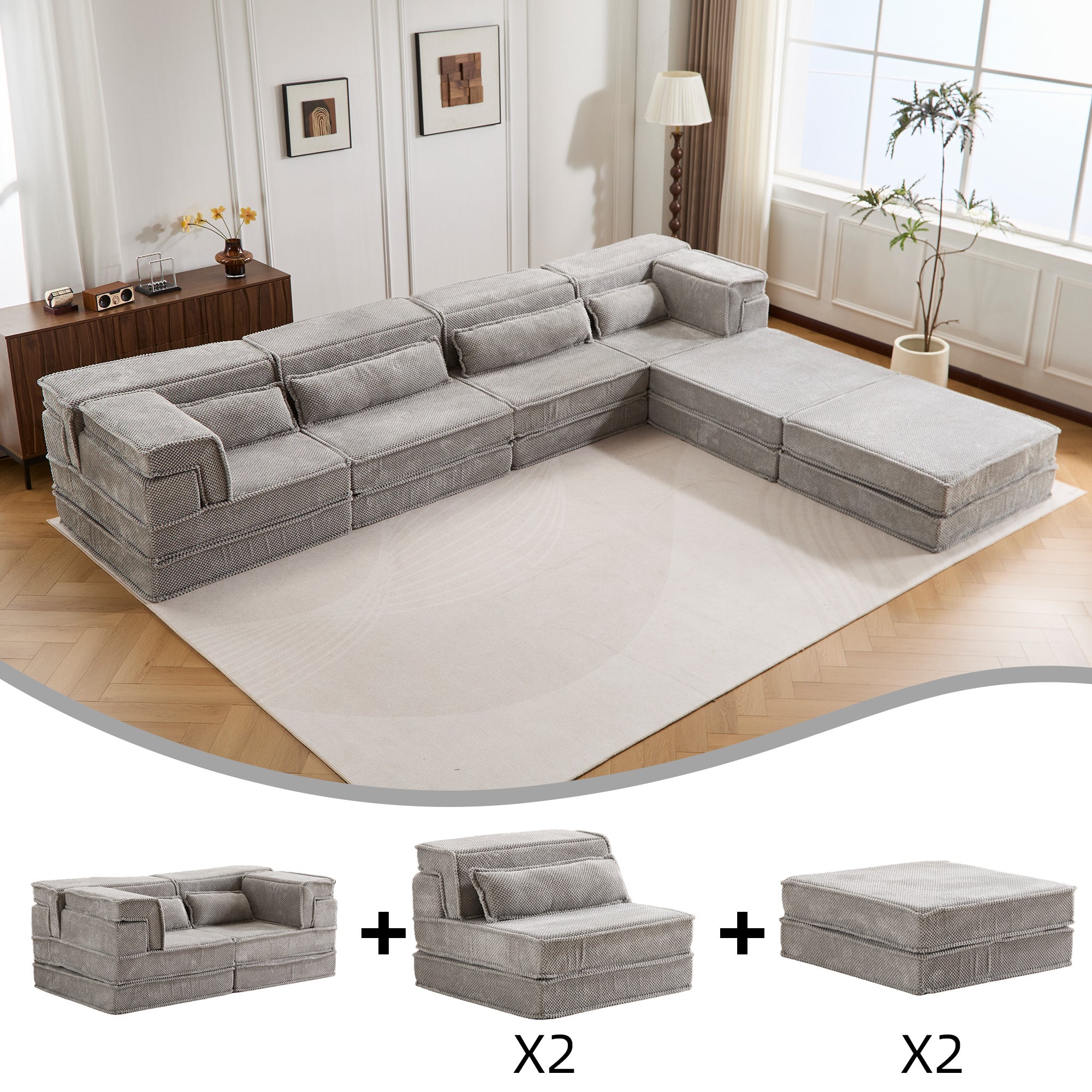 Light Grey Sectional Sofa Fleece Modular Design