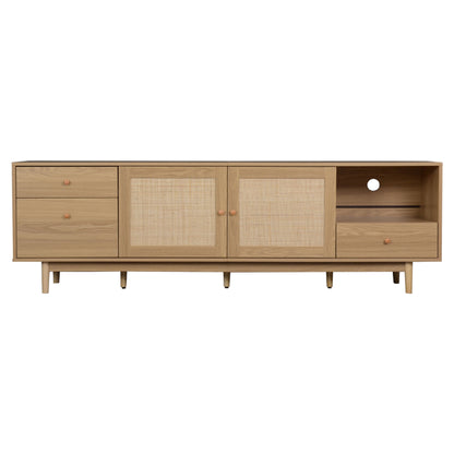 Boho TV Stand For 65, 75, 85 Inch TV, Entertainment Center With Open Storage And Drawers, Modern Wood Media TV Console With Real Rattan