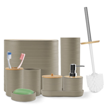 5 Colors Options -- Set Of 8Pcs Bathroom Accessories Set Bathroom Holder Set With Soap Dispenser Toothbrush Holder Cup Soap Dish Toilet Cleaning Brush Trash Can Qtip Holder Vanity Tray For Home