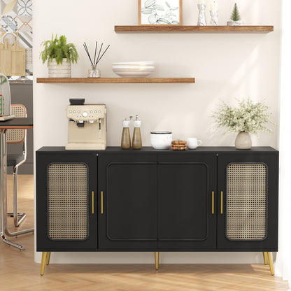 59.84 Vintage Four-Door Cabinet, Plastic Rattan, Suitable For Living Room, Dining Room, Bedroom Black