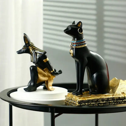 Black resin egyptian cat and anubis figurines with gold accents and detailed collars for god wine rack decor