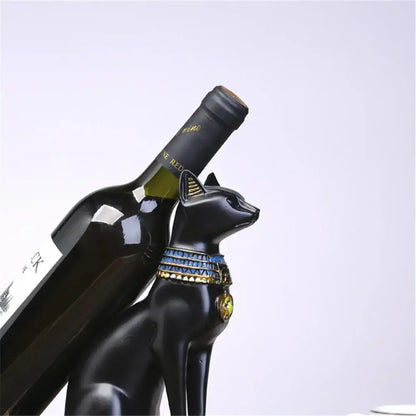 Black egyptian cat wine bottle holder with blue and gold ornate collar for elegant dining room decor