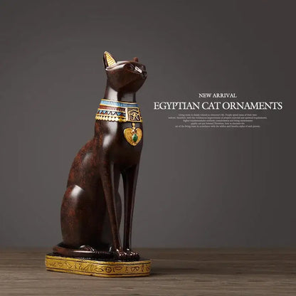 Dark brown egyptian cat resin figurine with gold and blue collar featuring eye of horus for home decor