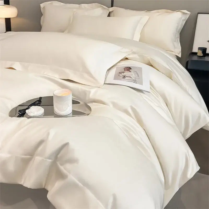Cream-colored satin decorbites 1000tc egyptian cotton bedding set with smooth glossy finish includes duvet cover and fitted sheet
