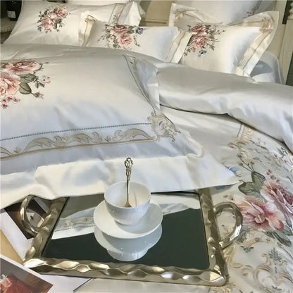 White satin egyptian cotton white embroidery bedding set with pink green floral embroidery and gold ornate trim