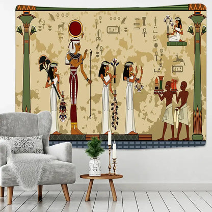 Egyptian egypt tapestry wall hanging with stylized figures maroon and green on textured beige for bedroom art