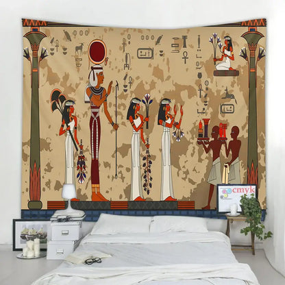 Egyptian egypt tapestry wall featuring maroon and green stylized figures with hieroglyphics on a beige background