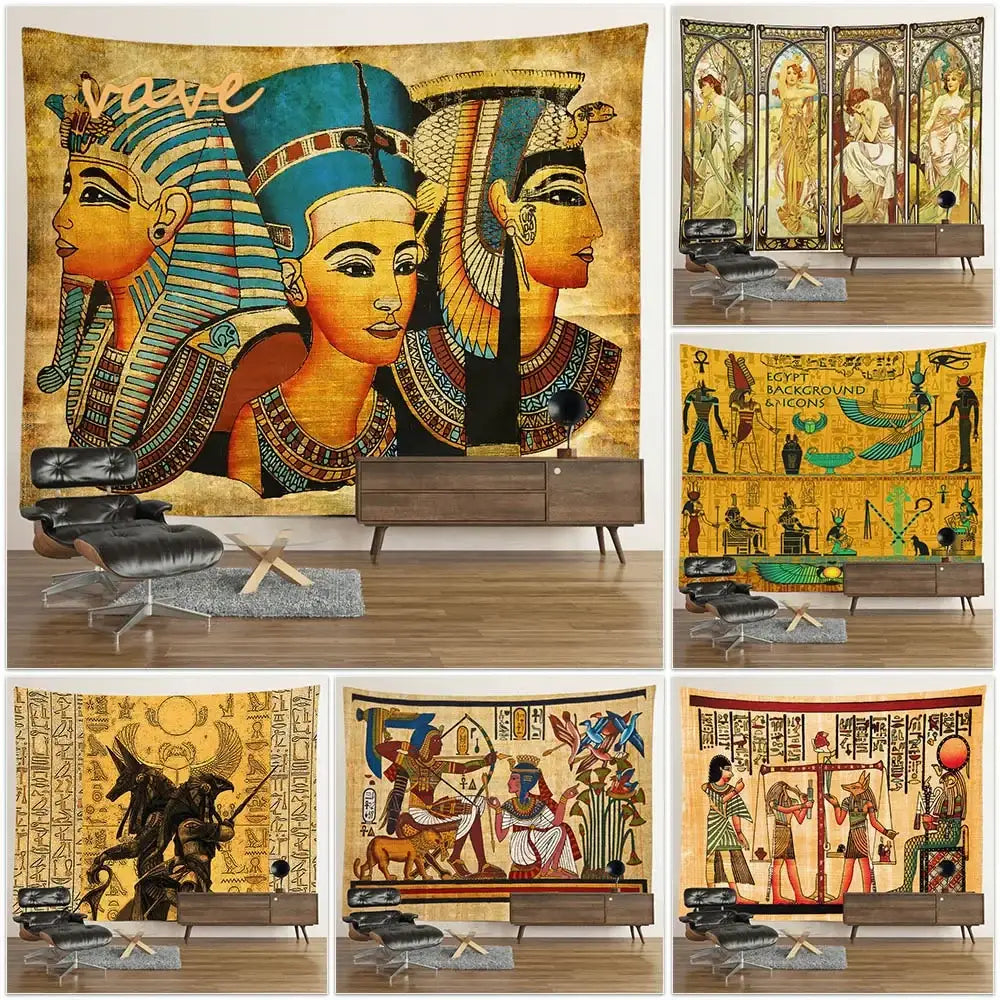 Egyptian mandala tapestry wall hanging featuring intricate hieroglyphics and pharaohs in blue and gold tones