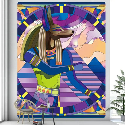 Vibrant egyptian psychedelic murals tapestry featuring stained-glass style anubis with purple blue green and gold hues